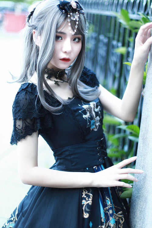 Black Gothic OP Dress Lolita Square Collar Lace Ruffled - Altfashion Shop
