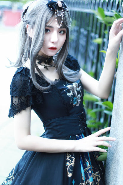 Black Gothic OP Dress Lolita Square Collar Lace Ruffled - Altfashion Shop