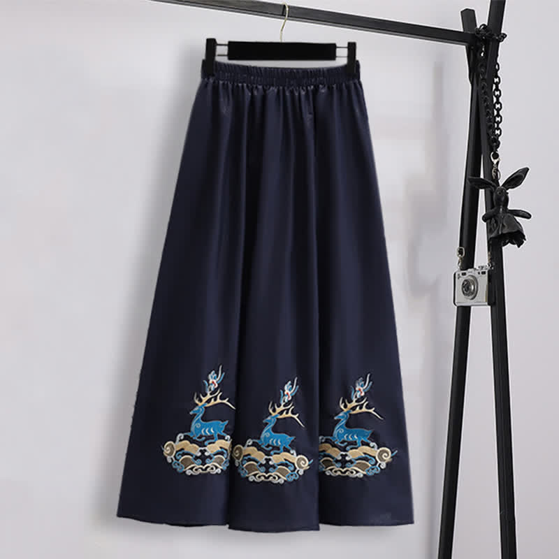 Elegant Shirt Deer Embroidery Buckle Skirt