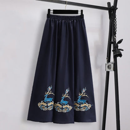 Elegant Shirt Deer Embroidery Buckle Skirt