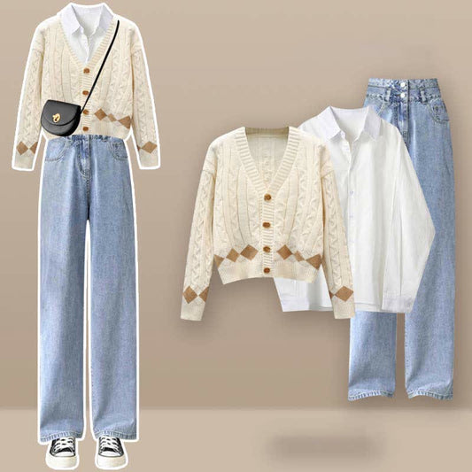 Rhombus Pants Shirt Sweater Set Print Denim Lapel