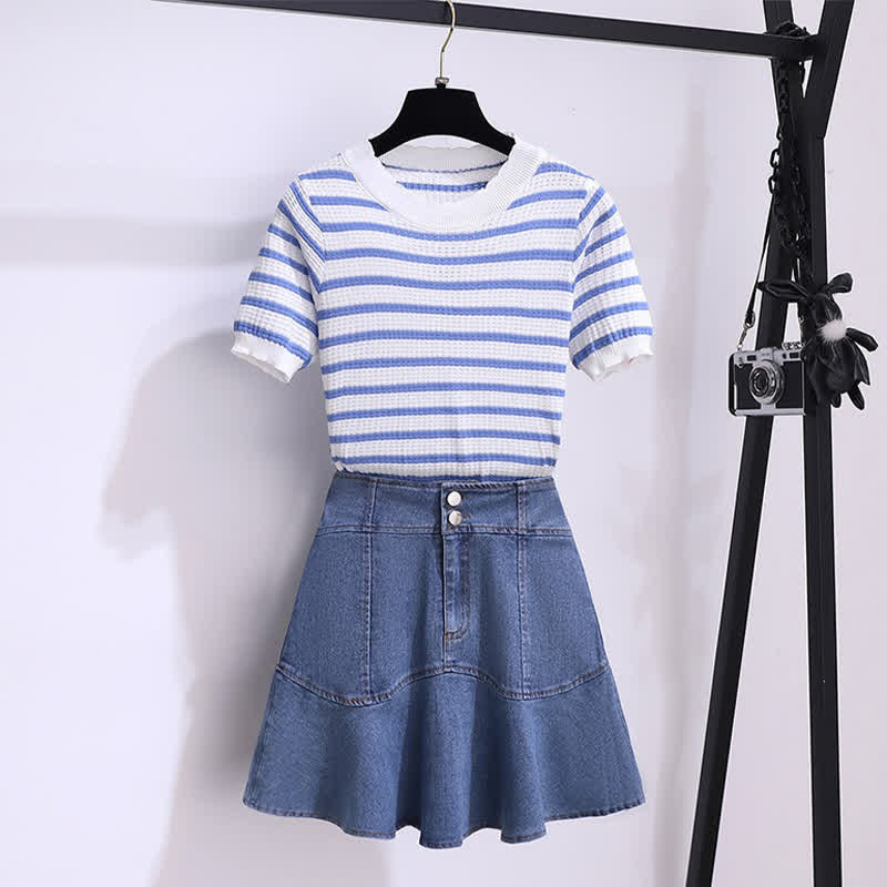 Skirt Stripe High Waist Denim Blue T-Shirt Knitted