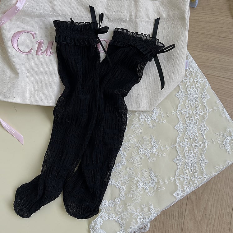 White/Black Bowknot Details Lace Ruffled Tulle Socks