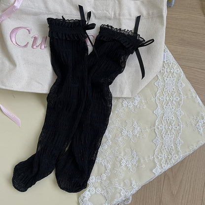 White/Black Bowknot Details Lace Ruffled Tulle Socks