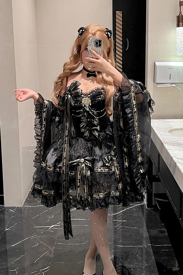 Sleeveless Gothic Princess Dress with Double Ruffled Bow and Pearls - Golden Obsidian Night