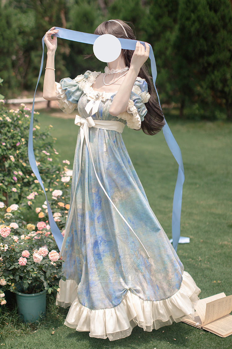 Short-Sleeve Ruffle Bow Dress with Artistic Print