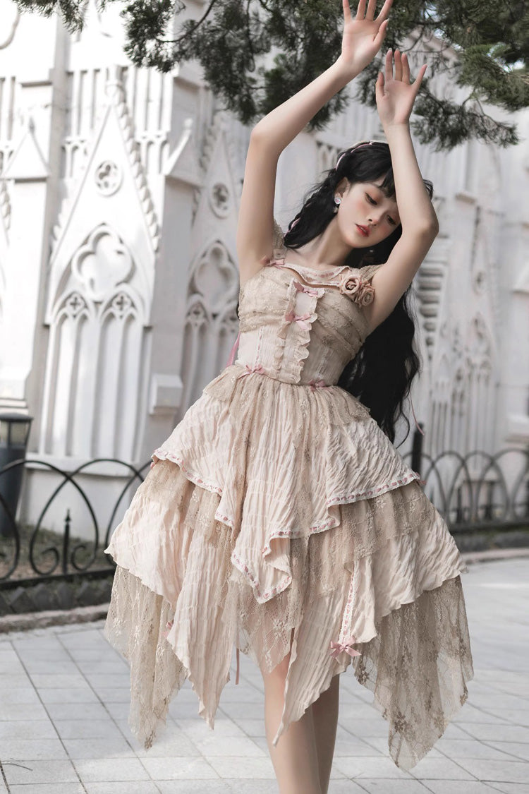 Golden Sleeveless High-Waist Printed Asymmetric Sweet JSK