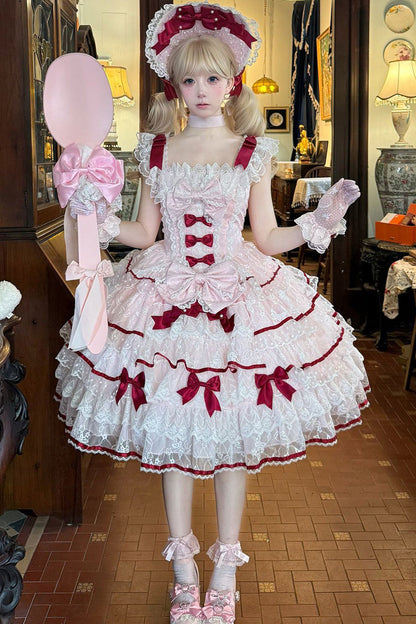 Rose Moon Tide Butterfly Call Sleeveless Layered Ruffle Bow Lace Sweet Lolita JSK Dress