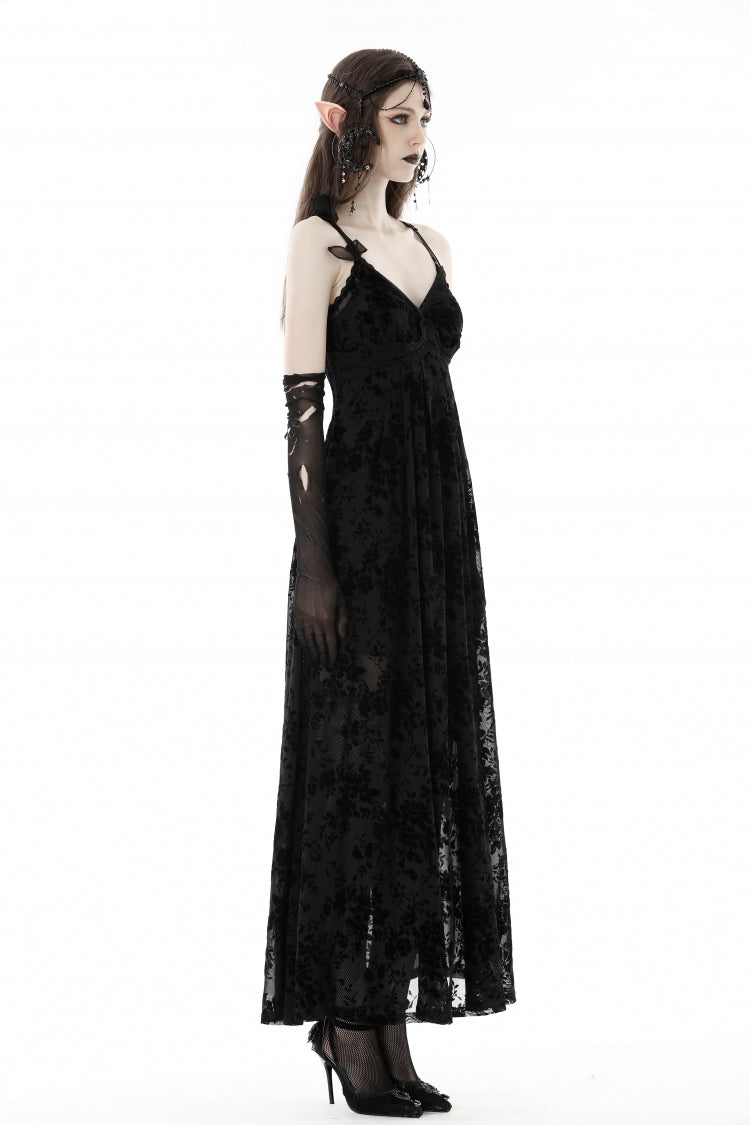 Maxi Rose Print Gothic Slip Dress with Lace-Up Back - NoirEdge