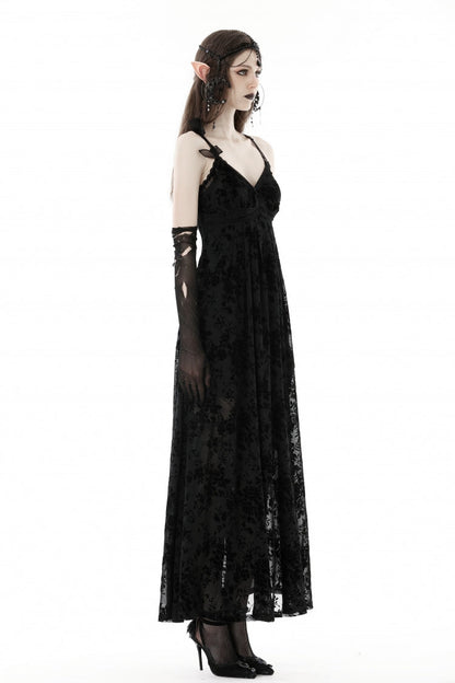 Maxi Rose Print Gothic Slip Dress with Lace-Up Back - NoirEdge