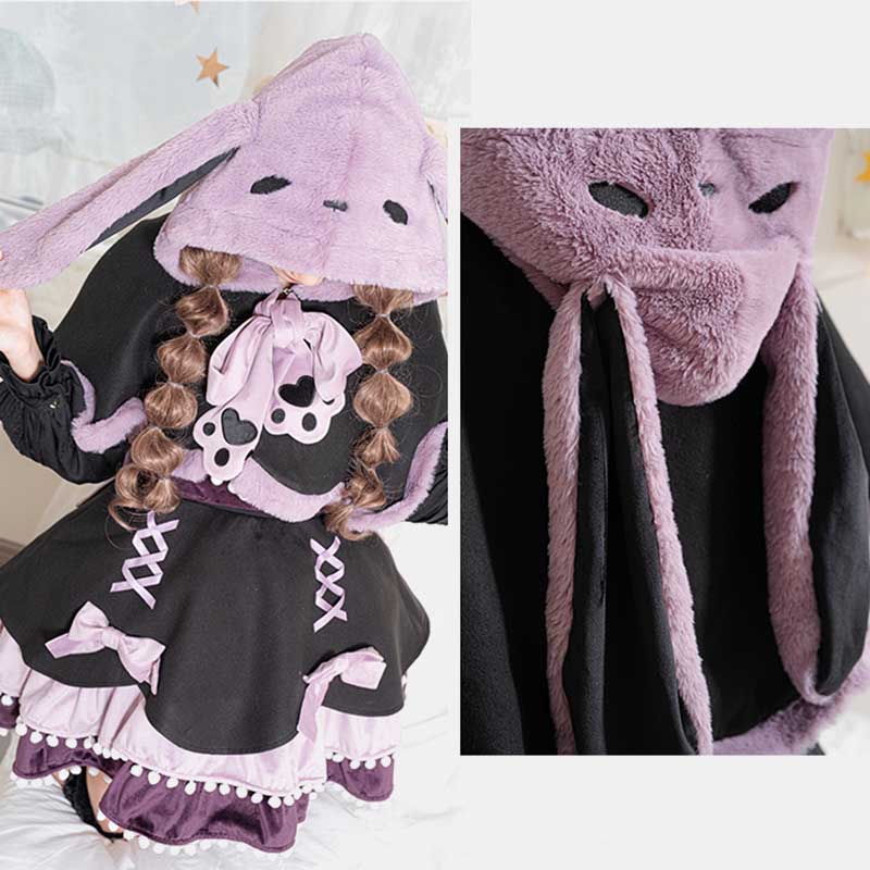 Cape courte en peluche violette avec longues oreilles de lapin et nœud papillon