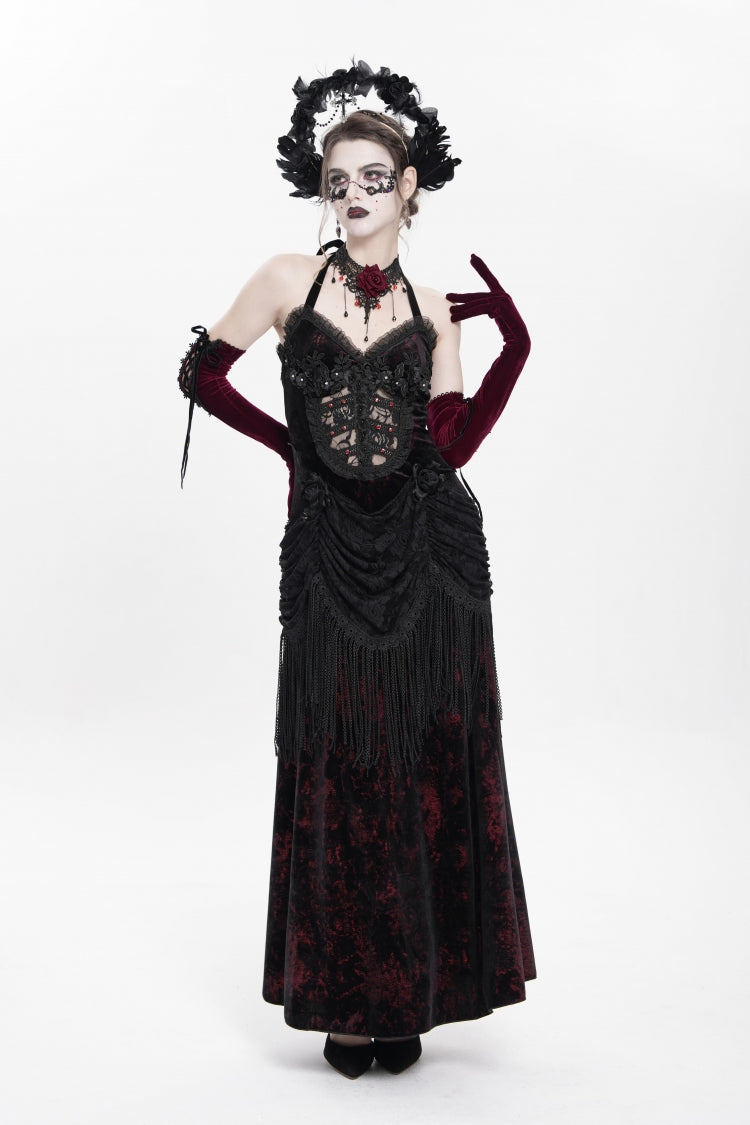 Sleeveless Hollow Floral Lace-Up Pleated Gothic Maxi Dress