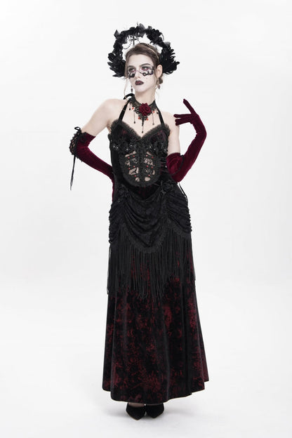 Sleeveless Hollow Floral Lace-Up Pleated Gothic Maxi Dress