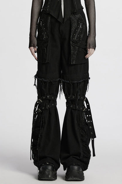 Detachable Punk Pants with Unfinished Edges and Mesh