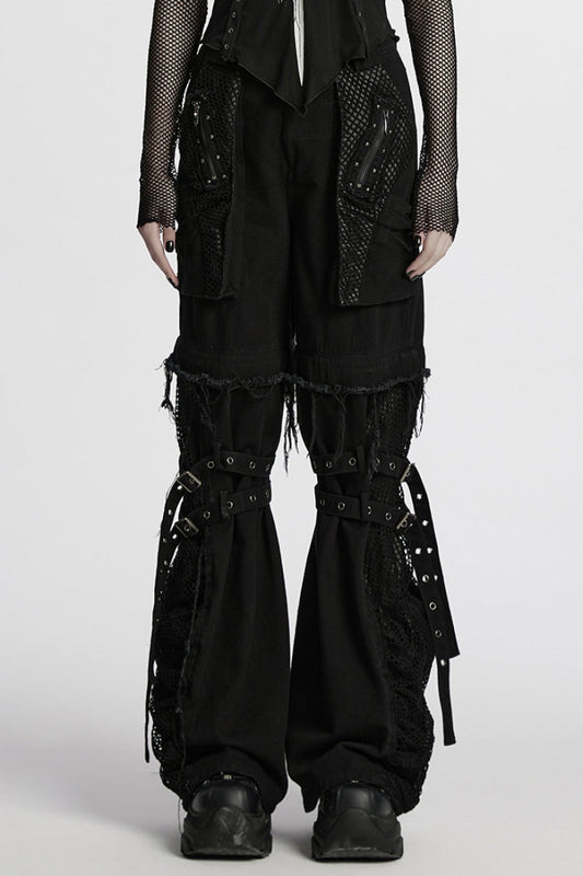 Detachable Punk Pants with Unfinished Edges and Mesh