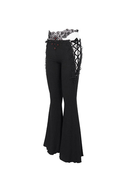 Gothic Flared Pants with Lace-Up Cutouts and Gems