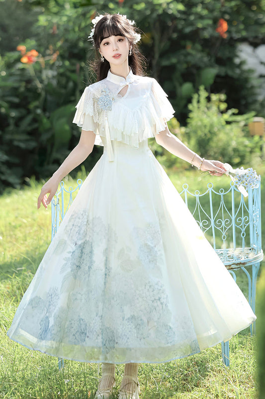 White Hydrangea Message Short Sleeves Print Ruffle Lace Sweet Chinese Style Elegant Lolita Dress