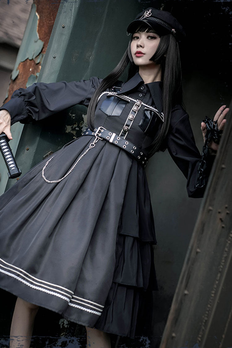 Dark V-Neck Military Lolita JSK Dress with Rivets and Epaulettes