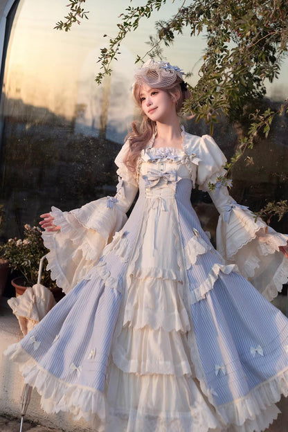 Sleeveless Double Printed Ruffled Open Bow Lace-Up Sweet Lolita JSK Long
