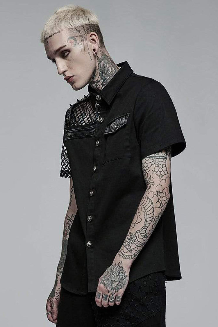 Mens Cotton Shirt with Mesh Panels and Asymmetric Cut