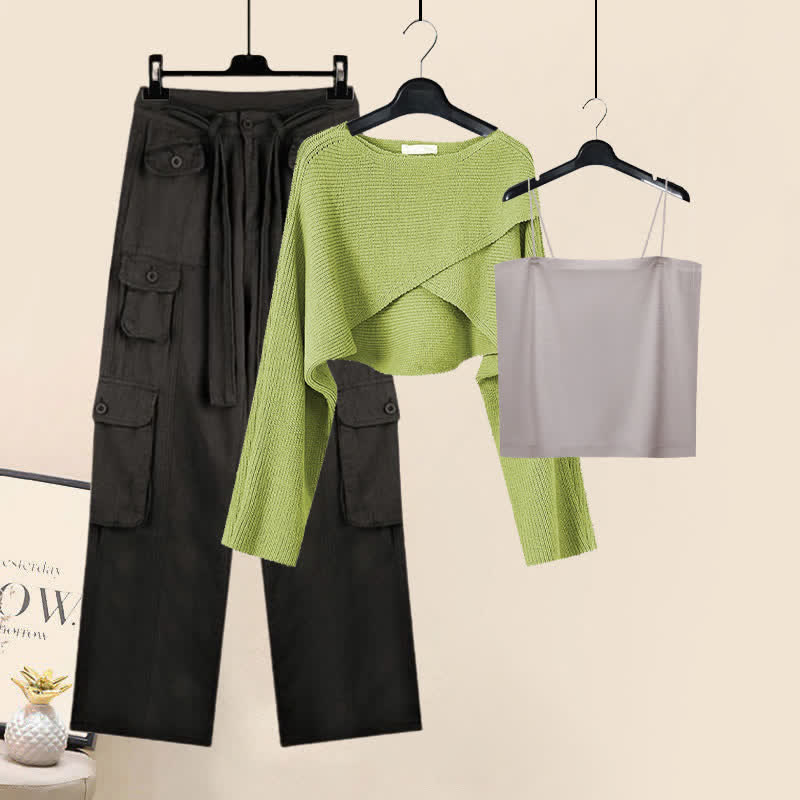 Green Cross Knit Sweater Cami Cargo Pants