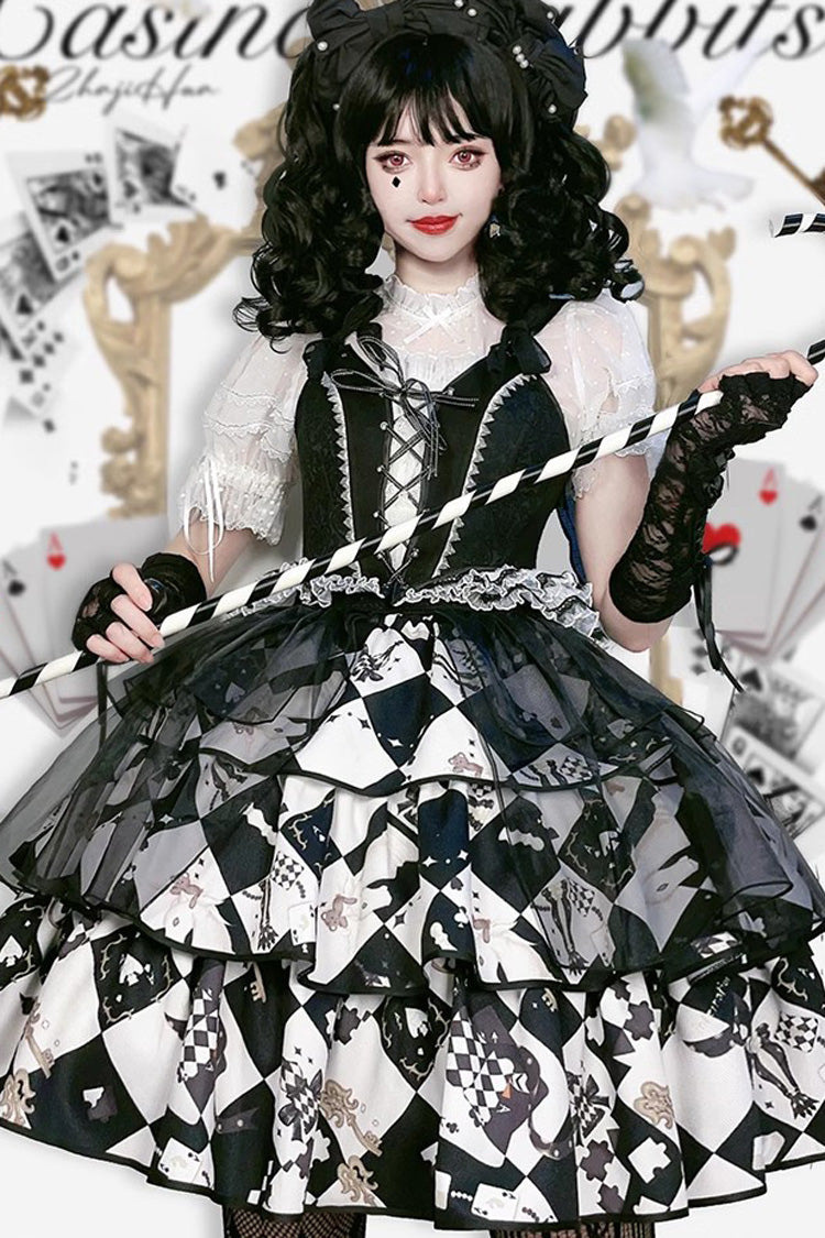 Black White Board Games Triple-Layer Print Ruffle Vintage Lolita Skirt