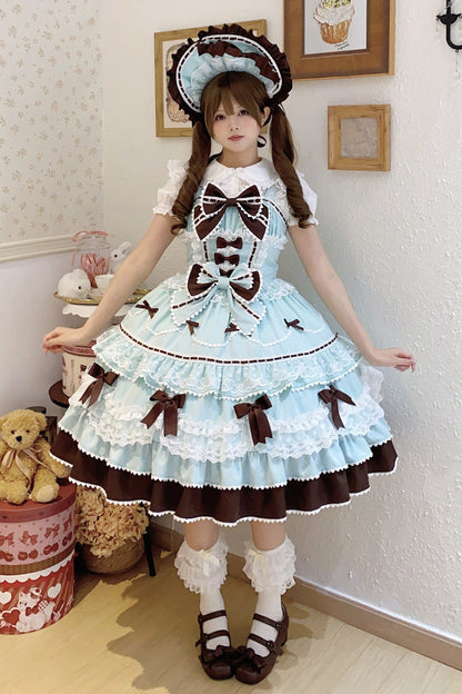 Mint Chocolate Fondant Cake Sleeveless Multi-Layer Ruffle Bow Lace Sweet JSK Dress