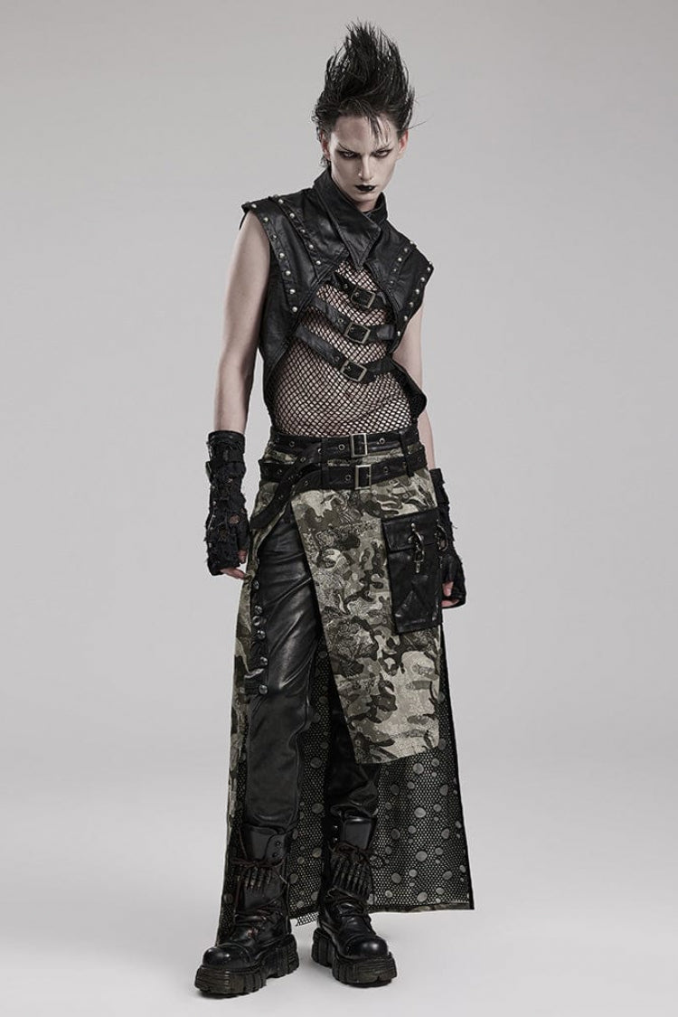 Steampunk Men's Vest with Faux Leather Stitching Mesh Sheer and Metal Rivets