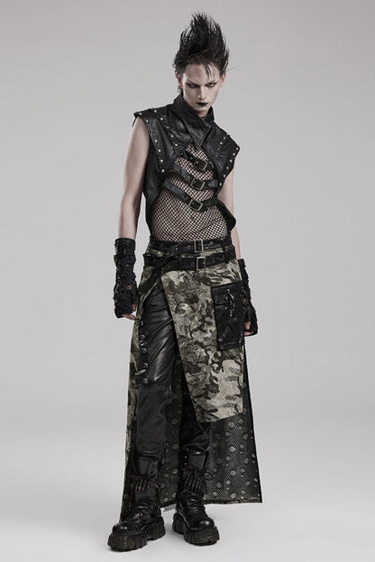 Steampunk Men's Vest with Faux Leather Stitching Mesh Sheer and Metal Rivets