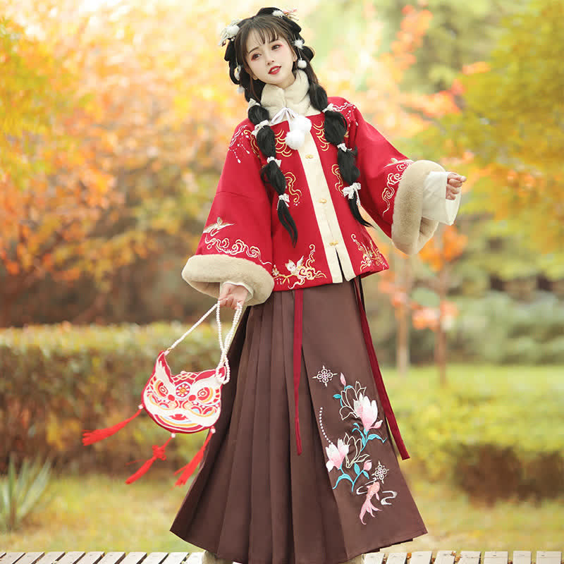 Vintage Floral Embroideried Coat Pleated Skirt Set