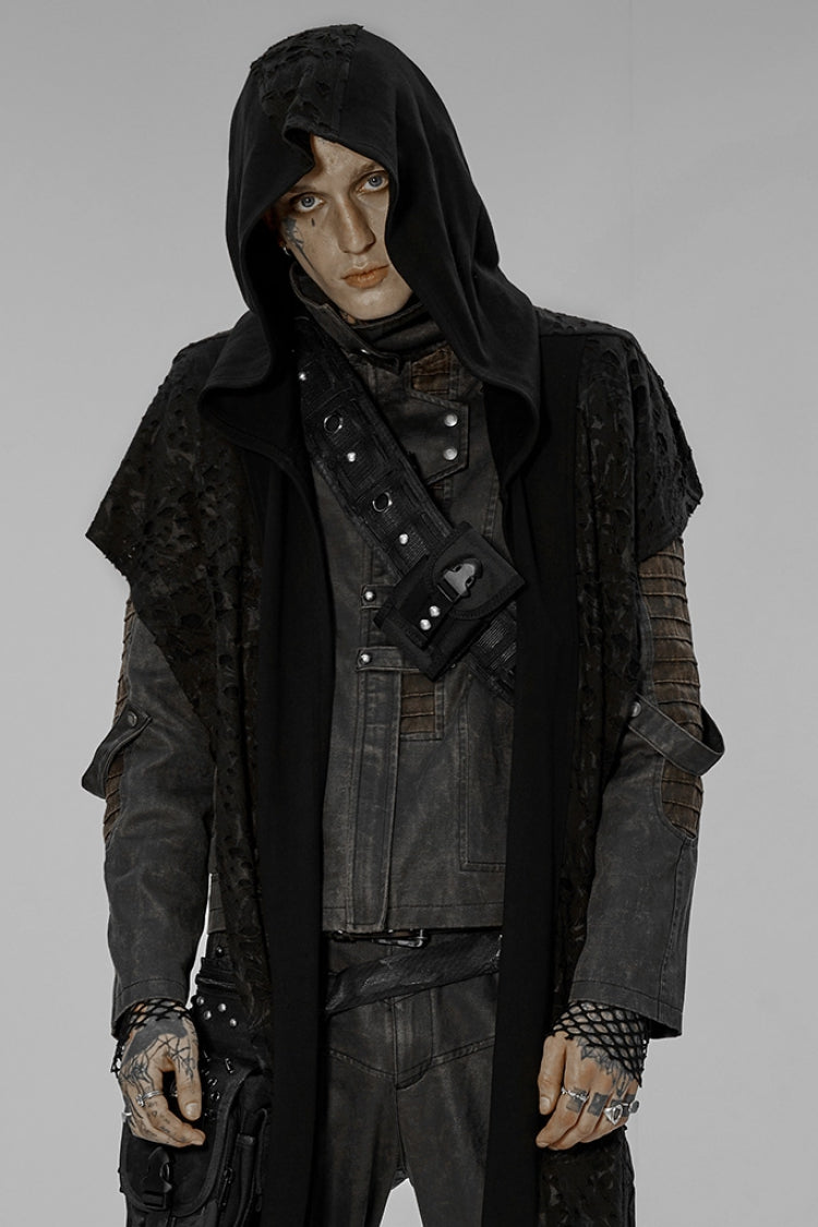 Ripped Hooded Black Asymmetric Gothic Scarf for Men