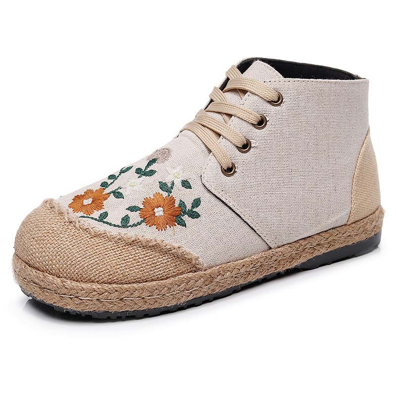 Elegante Canvas-Stiefel mit Blumenstickerei und Schnürung