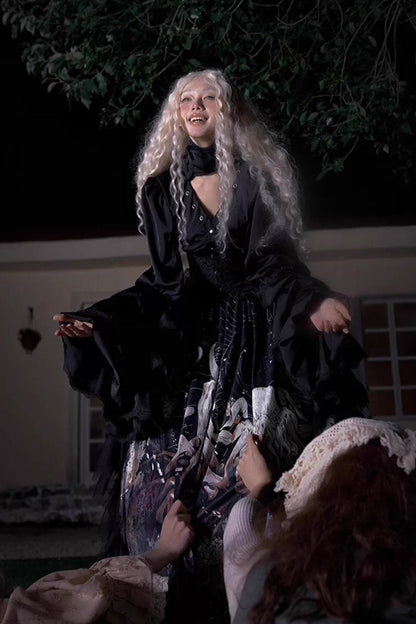 Long Hime Sleeves Gothic Skirt Dress Set with Printed Lace - Reborn Ancient God