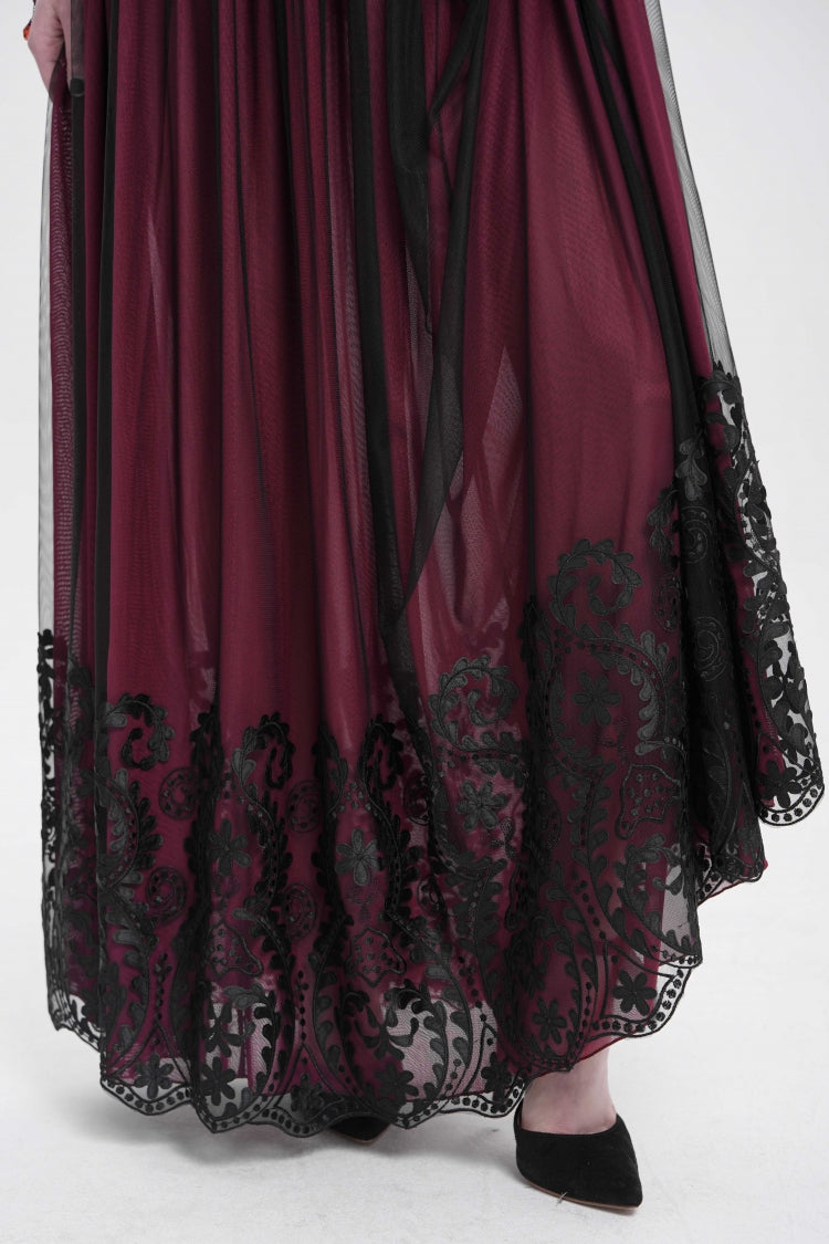 Crimson Stitched Floral Mesh Women's Goth Skirt