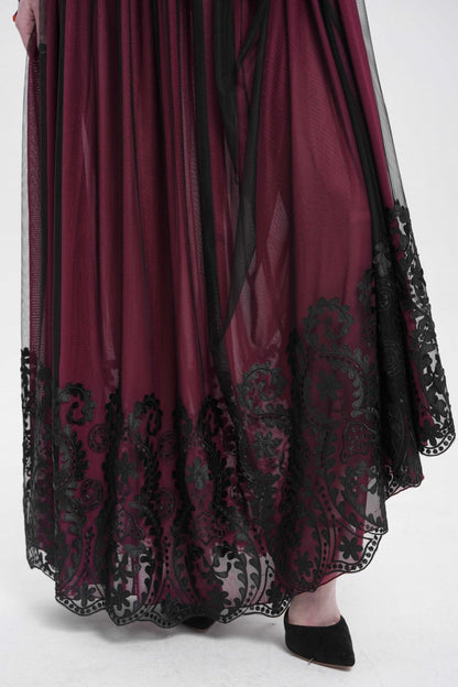 Crimson Stitched Floral Mesh Women's Goth Skirt