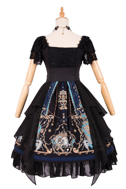 Black Gothic OP Dress Lolita Square Collar Lace Ruffled - Altfashion Shop