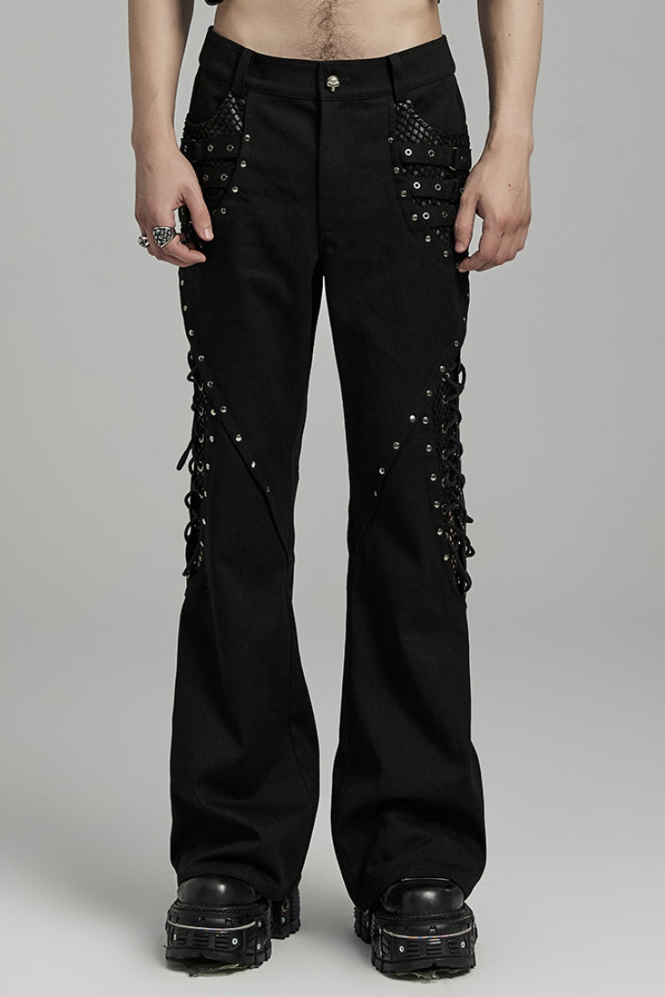 Gothic Flared Pants with Lace-Up Mesh Detailing
