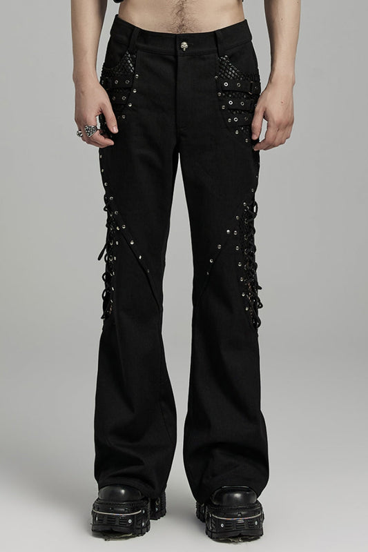 Gothic Flared Pants with Lace-Up Mesh Detailing