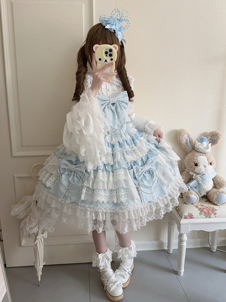 Blue Big Bows Decoration Tiered Skirt Hanayome Lolita Dress