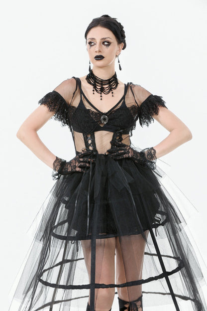 Ebony V-Neck Short Sleeve Sheer Mesh Layered Dress
