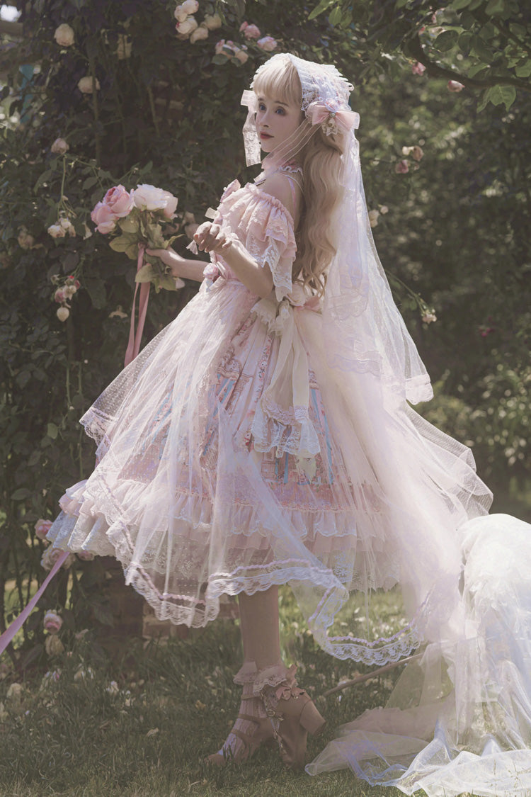 Rose Moonlight Melody Off Shoulder Sleeveless Layered Bride Open Front Bow Lace Gorgeous JSK Set