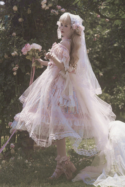 Rose Moonlight Melody Off Shoulder Sleeveless Layered Bride Open Front Bow Lace Gorgeous JSK Set