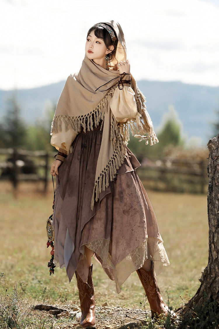 Brown Sunset Yellow Sand Print Irregular Asymmetric Vintage Lolita Dress Set