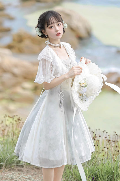 White Summer Dream Lotus Sleeveless Chinese-Style Sweet Qi Lolita JSK Dress