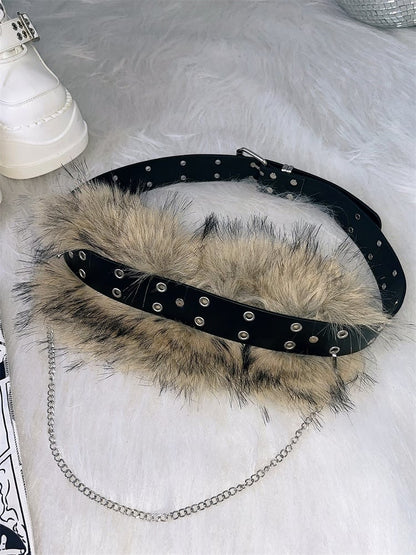 Y2K BlackPU Plush Trim Waist Belt with Chain Design