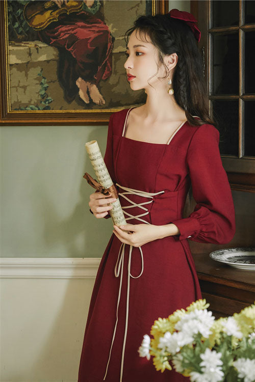 Wine Classic OP Dress Lolita European Manor Square Collar - Altfashion Shop