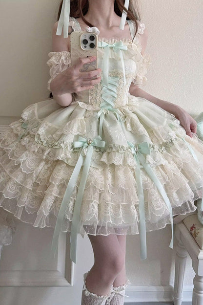 Emerald Layered Lace-Up Ballet Lolita JSK - Ribbon Heart