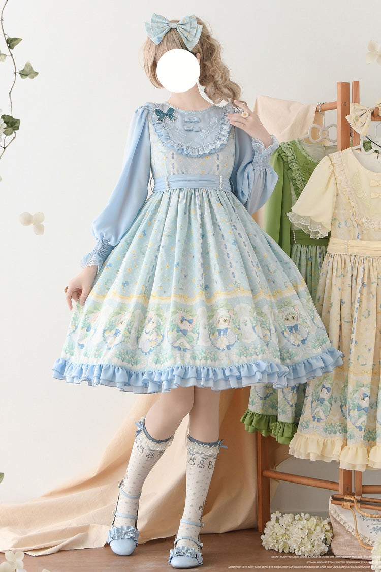 Printed Ruffled Embroidered Bow Sweet Lolita Dress