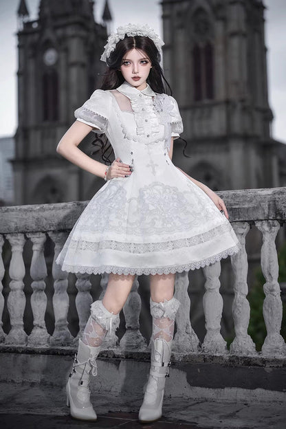 Lace Trimmed Classic Gothic Lolita Dress - White