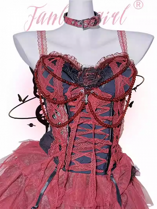 Gothic Red&BlackLace Trim RosetteBeaded Chain CorsetCami Top